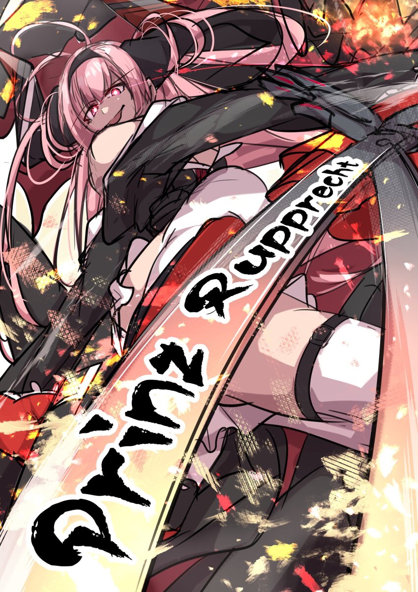 1girl :p absurdres ahoge azur_lane black_hairband character_name hair_on_horn hairband highres holding holding_scissors large_horns long_hair looking_at_viewer non-humanoid_robot oriue_wato pink_eyes pink_hair prinz_rupprecht_(azur_lane) rigging robot robot_dragon scissors sketch solo thighhighs tongue tongue_out white_thighhighs