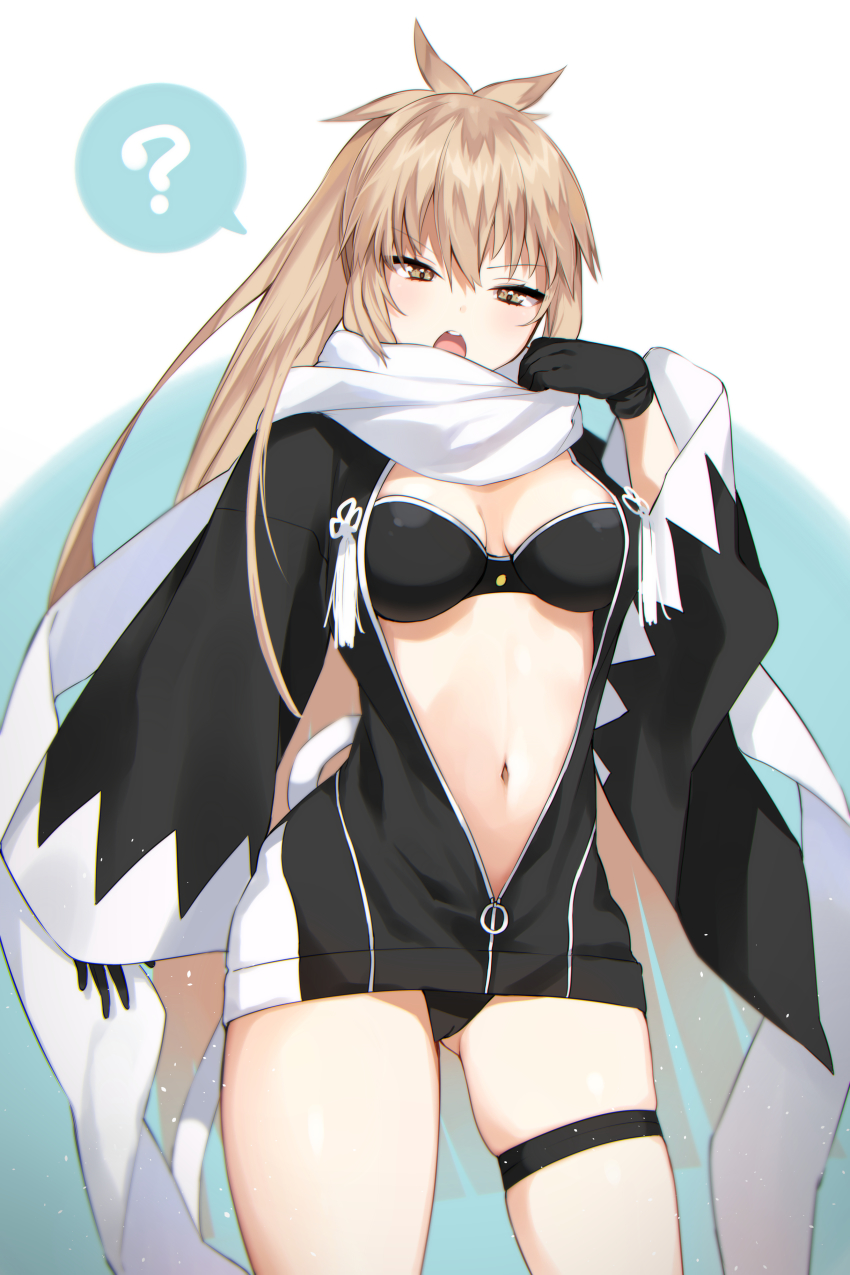 1girl :o ? absurdres bikini bikini_under_clothes black_bikini black_gloves black_jacket blonde_hair blush breasts brown_eyes character_request cleavage cowboy_shot danimaru fate/grand_order fate_(series) female_focus gloves gluteal_fold hand_up highres jacket long_hair long_sleeves medium_breasts navel okita_j._souji_(fate) okita_j._souji_(second_ascension)_(fate) open_clothes open_jacket open_mouth scarf sidelocks skindentation solo speech_bubble spoken_question_mark stomach swimsuit thigh_strap two-tone_background v-shaped_eyebrows very_long_hair white_scarf wide_sleeves