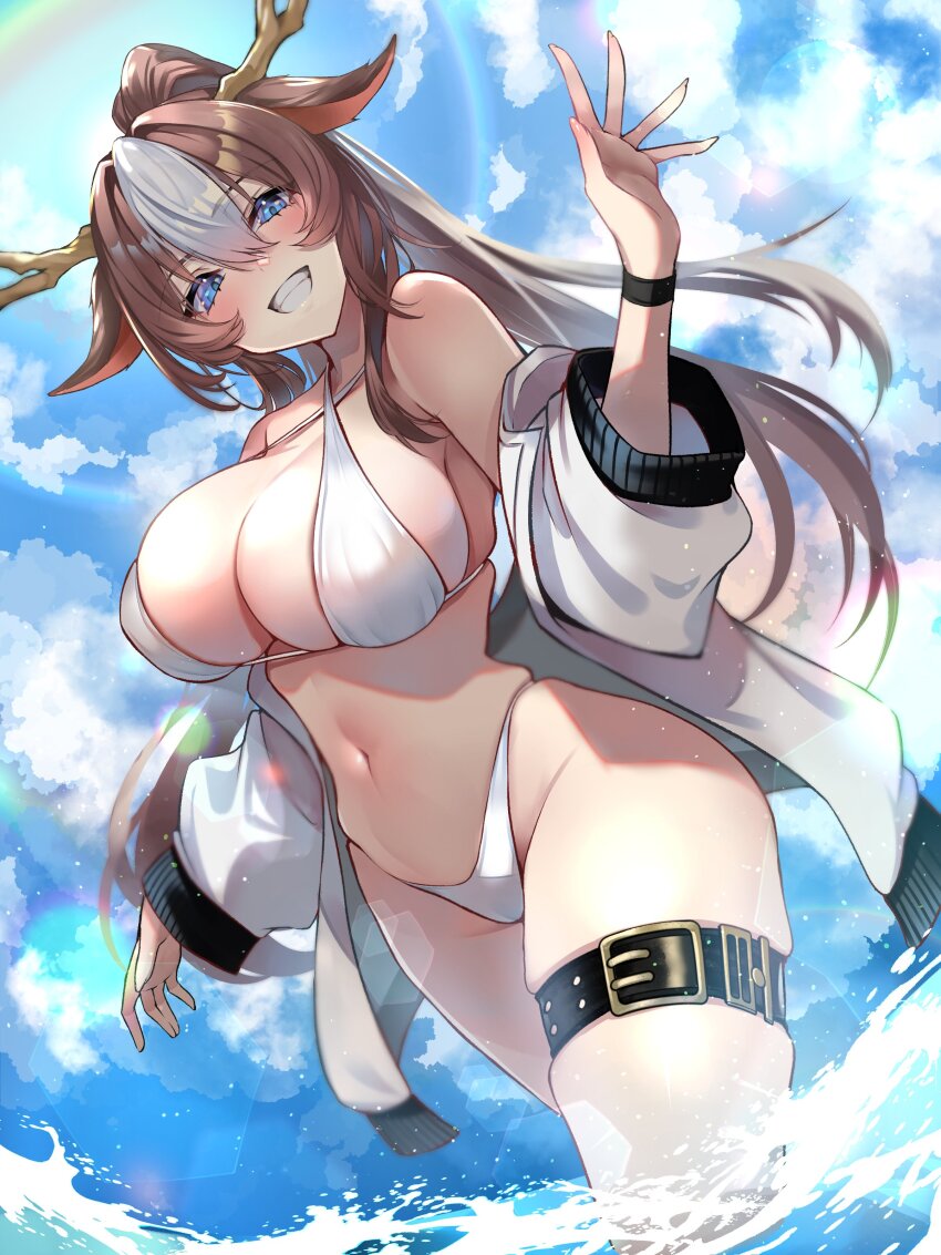 1girl absurdres akris_(deer_chang) animal_ears antlers bare_shoulders belt bikini black_belt blue_sky blush breasts brown_hair cleavage cloud commentary commission day deer_ears deer_girl hand_up highres horns jacket large_breasts long_hair looking_at_viewer multicolored_hair navel ocean off_shoulder omoti_(1201208) open_clothes open_jacket original outdoors ponytail rainbow skeb_commission sky solo streaked_hair swimsuit teeth thigh_belt thigh_strap thighs water white_bikini white_hair white_jacket