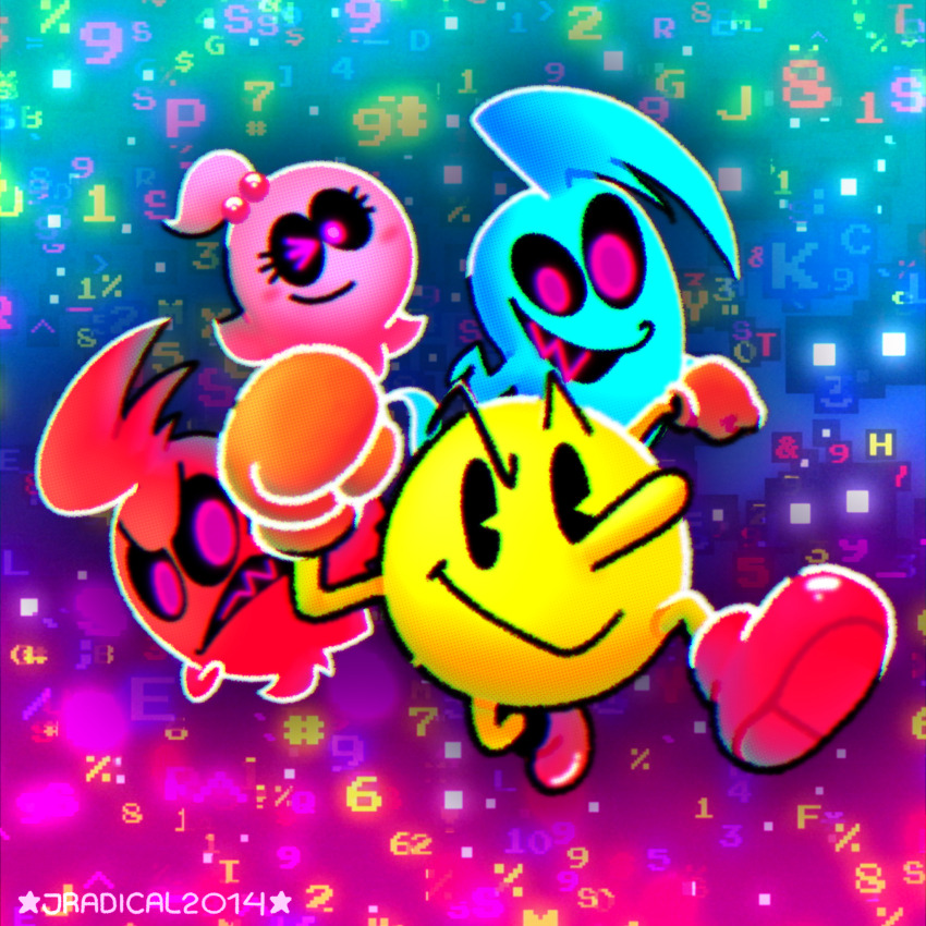 1girl 3boys anniversary beads black_eyes blinky_(pac-man) blue_background blue_hair blue_skin blush_stickers boots clenched_hands clenched_teeth closed_mouth colored_skin commentary deviantart_username english_commentary eyelashes ghost ghost_tail gloves gradient_background hair_beads hair_ornament hand_on_own_chest highres inky_(pac-man) jradical2014 looking_at_viewer medium_hair multiple_boys one_eye_closed open_mouth orange_gloves pac-man pac-man_(game) pink_background pink_eyes pink_hair pink_skin pinky_(pac-man) ponytail red_footwear red_hair red_skin sharp_teeth short_hair short_ponytail smile solid_oval_eyes spiked_hair teeth yellow_skin