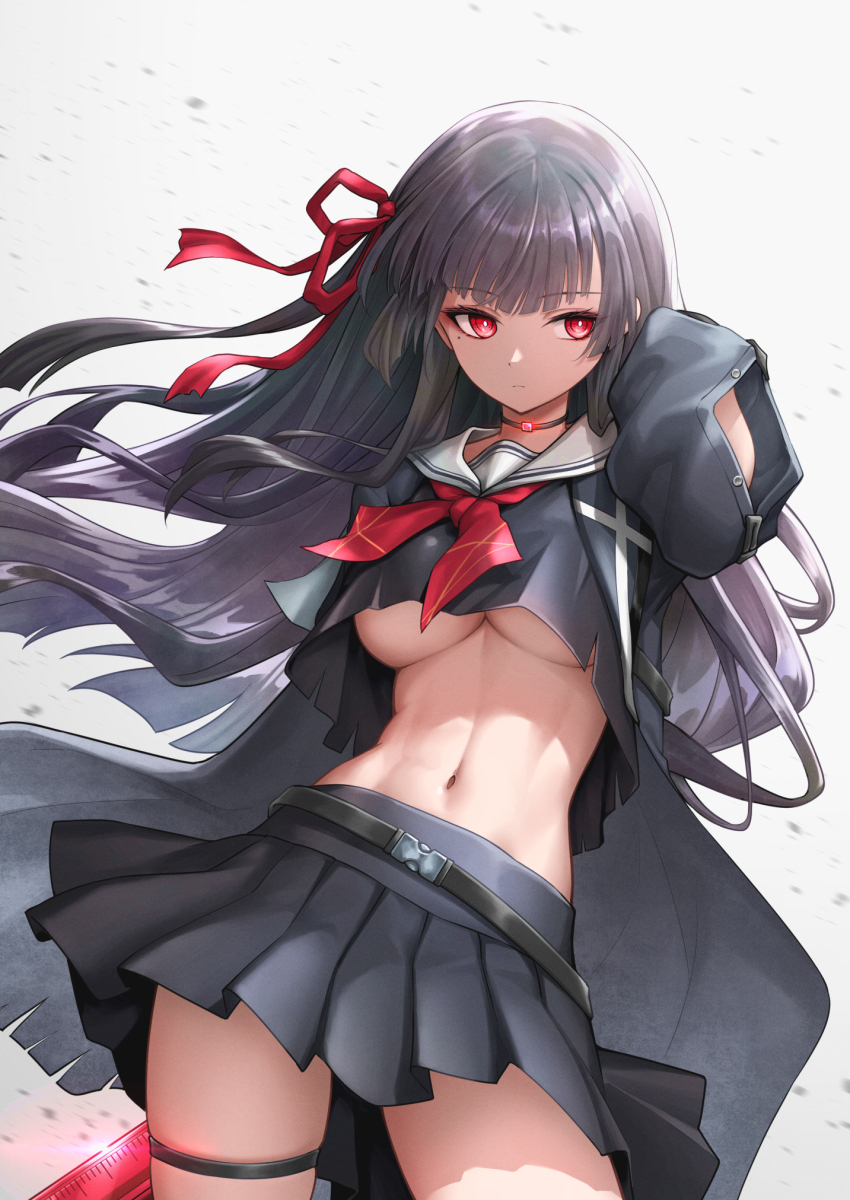 1girl abs arm_cutout arm_up black_choker black_hair black_jacket black_shirt black_skirt breasts chinese_commentary chisa_(wuthering_waves) choker closed_mouth clothing_cutout commentary_request cowboy_shot crop_top hair_ribbon highres holding holding_behind_back holding_weapon holding_weapon_behind_back jacket linea_alba long_hair long_sleeves mole mole_under_eye navel neckerchief no_bra partial_commentary red_eyes red_neckerchief red_ribbon ribbon royboy sailor_collar shirt simple_background skirt solo stomach thigh_strap thighs underboob weapon white_background white_sailor_collar wind wuthering_waves