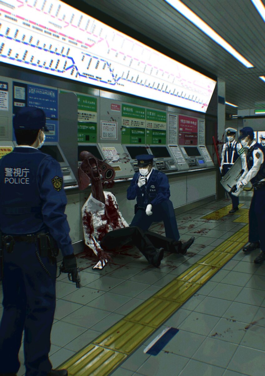 5boys against_wall armband black_footwear black_gloves black_hair black_necktie black_pants blood blood_on_clothes blood_on_wall bloody_footprints blue_headwear blue_jacket blue_pants body_armor ceiling ceiling_light collared_shirt cuffs dress_pants dress_shirt dress_shoes dying gloves green_armband gun handcuffs handgun hat high-visibility_clothing high-visibility_vest highres holding holding_gun holding_weapon horror_(theme) indoors jacket japan_national_police kiosk lanyard long_sleeves map monster multiple_boys necktie noinh on_one_knee original pants peaked_cap police police_badge police_hat police_uniform policeman realistic revolver shirt short_hair standing tactile_paving tile_floor tiles too_many_eyes traffic_baton train_station trigger_discipline walkie-talkie weapon white_gloves white_headwear white_shirt