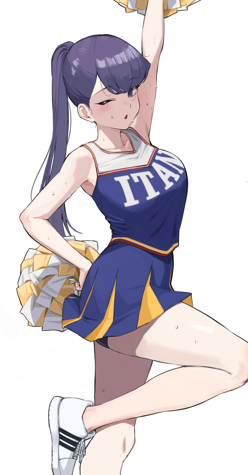 1girl ;o absurdres arm_up ayatak0517 bare_legs bike_shorts bike_shorts_under_skirt blush breasts cheerleader collarbone highres holding holding_pom_poms komi-san_wa_komyushou_desu komi_shouko large_breasts long_hair looking_at_viewer miniskirt one_eye_closed pom_pom_(cheerleading) pom_poms ponytail purple_hair shoes simple_background skirt sneakers solo standing standing_on_one_leg sweat very_long_hair white_background