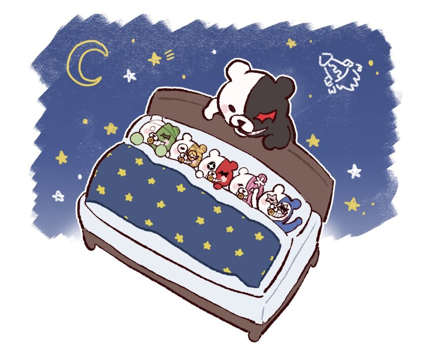 30en_(esx5g) bed blanket crescent danganronpa:_trigger_happy_havoc danganronpa_(series) danganronpa_v3:_killing_harmony grin heterochromia highres monodam monokid monokuma monophanie monosuke monotaro_(danganronpa) night red_eyes smile spacecraft star_(symbol) star_print teeth
