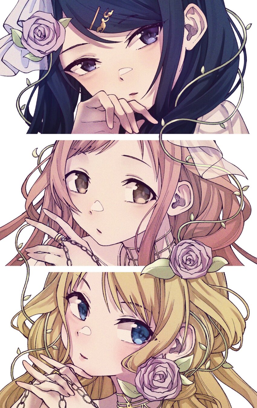 3girls black_hair blonde_hair blush border brown_hair flower hachimiya_meguru hair_flower hair_ornament highres idolmaster idolmaster_shiny_colors illumination_stars_(idolmaster) interlocked_fingers kazano_hiori looking_at_viewer lulutaeri multiple_girls own_hands_together portrait sakuragi_mano simple_background white_background white_border