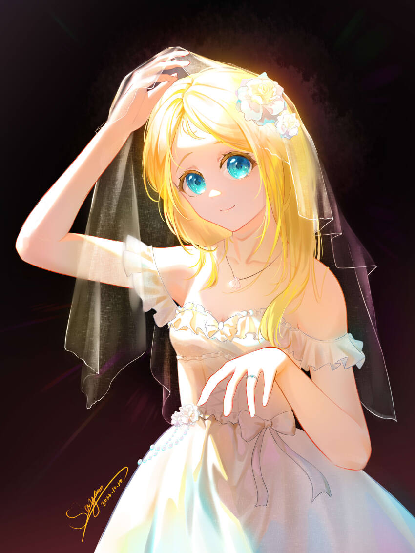 1girl absurdres alternate_costume baiyu_sayoo bare_arms beads black_background blonde_hair blue_eyes bow bowtie bridal_veil bride closed_mouth collarbone colored_eyelashes cowboy_shot cross-laced_clothes cross-laced_dress dated dress flower flower_request frilled_dress frilled_sleeves frills gradient_background hair_flower hair_ornament hand_on_own_head highres jewelry kofune_ushio long_hair looking_at_viewer necklace off-shoulder_dress off_shoulder ring see-through_clothes see-through_veil shell shell_necklace short_sleeves signature single_sidelock smile solo standing summertime_render veil waist_bow wedding_dress wedding_ring white_bow white_bowtie white_dress white_flower