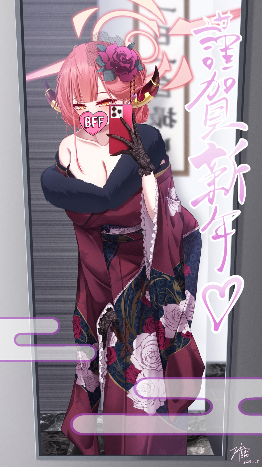 1girl absurdres aru_(blue_archive) aru_(new_year)_(blue_archive) blue_archive breasts cellphone cleavage demon_girl demon_horns floral_print floral_print_kimono flower fur_trim hair_between_eyes hair_bun hair_flower hair_ornament highres holding holding_phone horns japanese_clothes kimono mirror_selfie obi official_alternate_costume official_alternate_hairstyle phone print_kimono purple_flower red_hair red_kimono red_sash sash sidelocks single_bare_shoulder smartphone yellow_eyes z_shitei_ero