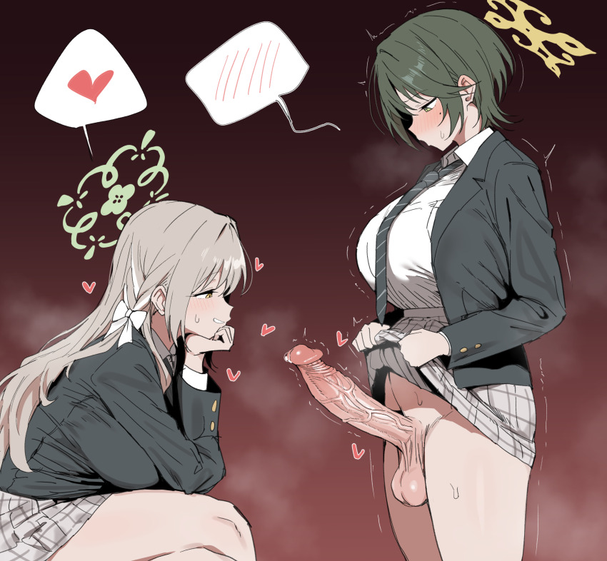 1futa 1girl blazer blue_archive blush bow breasts brown_hair clothes_lift erection from_side futa_with_female futanari fuyu_(blue_archive) green_eyes green_halo grey_hair grey_skirt grin hair_bow halo heart highres jacket large_breasts large_penis lifting_own_clothes long_hair long_sleeves looking_at_penis miyo_(blue_archive) mole mole_under_eye penis precum shirt short_hair skirt skirt_lift smile spoken_blush spoken_heart testicles uncensored veins veiny_penis white_bow white_shirt xipa yellow_eyes yellow_halo