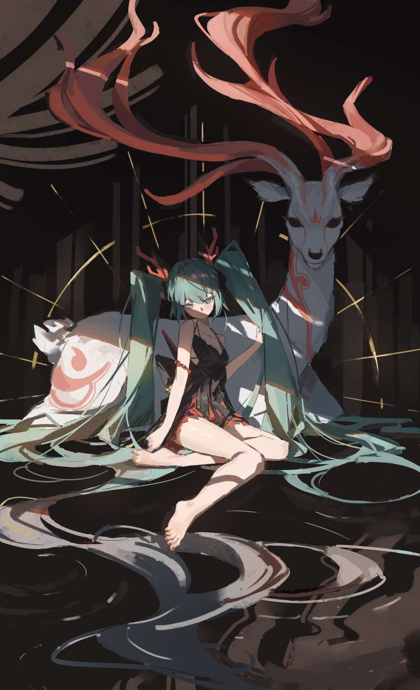 1girl absurdly_long_hair absurdres animal antlers bare_arms bare_shoulders barefoot black_dress collarbone commentary_request deer dress green_eyes green_hair hair_between_eyes hatsune_miku highres horns long_hair loong_(loong_blo) nail_polish red_nails sleeveless sleeveless_dress solo toenail_polish toenails twintails very_long_hair vocaloid