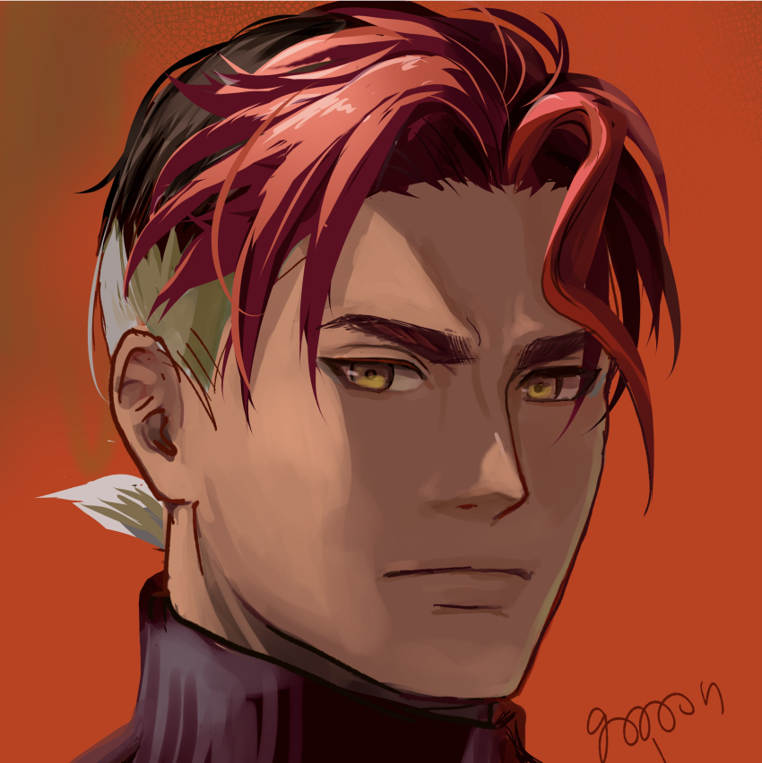 1boy absurdres closed_mouth commentary_request goopon highres loose_hair_strand male_focus multicolored_hair nintendo orange_background pokemon pokemon_(anime) pokemon_horizons portrait red_hair short_hair sidian_(pokemon) signature solo sweater turtleneck turtleneck_sweater yellow_eyes