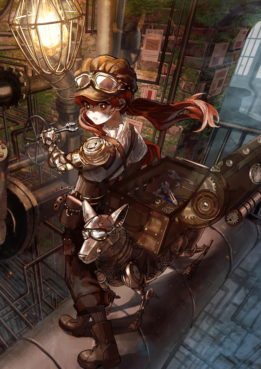 1girl absurdres analog_clock boots brick_wall bright_pupils brown_boots brown_hat brown_pants brown_socks newsboy_cap check_headwear chest_(furniture) clenched_teeth clock collar collared_shirt eyewear_on_head frilled_collar frills from_behind gears goggles hat highres holding holding_tool holding_wrench industrial_pipe kika lace-up_boots light_bulb long_hair looking_at_viewer looking_back low_twintails mechanical_arms moss non-humanoid_robot original pants paper poster_(object) red_eyes red_hair robot robot_animal robot_dog shirt short_sleeves single_mechanical_arm socks solo standing teeth twintails white_pupils white_shirt wrench