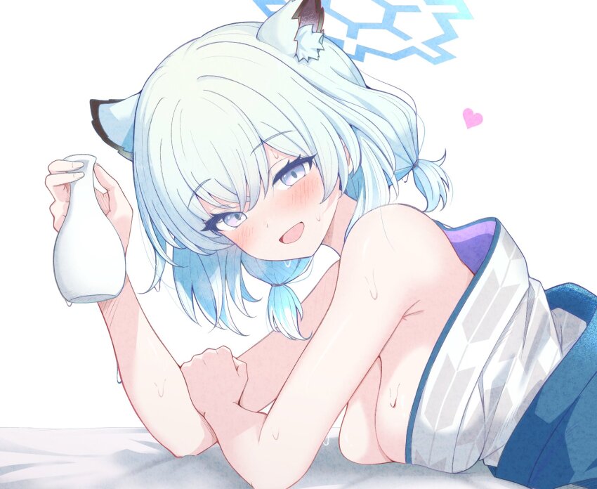 1girl animal_ear_fluff animal_ears armpit_crease bare_shoulders blue_archive blue_eyes blue_hair blush breast_rest breasts elbow_rest halo heart highres japanese_clothes karikura_(atatata71) kimono looking_at_viewer looking_to_the_side lying medium_breasts off_shoulder on_stomach open_mouth shigure_(blue_archive) shigure_(hot_spring)_(blue_archive) short_twintails smile solo tokkuri twintails upper_body wet white_kimono yukata