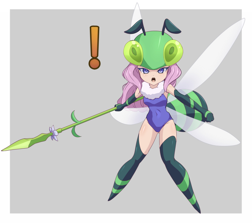 ! 1girl antennae arthropod_girl bee_girl blue_eyes blue_one-piece_swimsuit breasts clam_curry covered_navel elbow_gloves full_body fur_collar gloves green_eyes green_gloves green_thighhighs grey_background highres insect_girl insect_wings long_hair looking_at_viewer monster_girl one-piece_swimsuit open_mouth pink_hair polearm seiken_densetsu simple_background small_breasts solo spear swimsuit thighhighs thighs visions_of_mana weapon wings