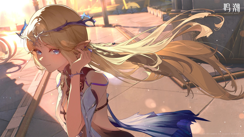 1girl bare_shoulders black_collar blonde_hair blue_eyes breasts cartethyia_(wuthering_waves) closed_mouth collar copyright_notice crown_of_thorns earrings game_cg highres jewelry logo long_hair looking_at_viewer missing_commentary necklace official_art parted_bangs pointy_ears small_breasts smile solo tabard tacet_mark_(wuthering_waves) upper_body white_tabard wuthering_waves