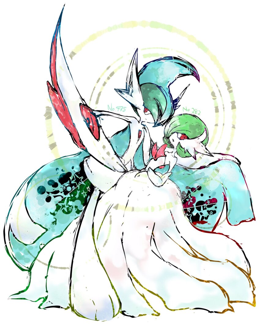 arm_blade bob_cut bwmtk1110 cape colored_skin commentary_request dress elbow_gloves gallade gardevoir gen_3_pokemon gen_4_pokemon gloves green_hair highres mega_gallade mega_gardevoir mega_pokemon nintendo pink_eyes pokemon pokemon_(creature) strapless strapless_dress weapon white_dress white_gloves white_skin