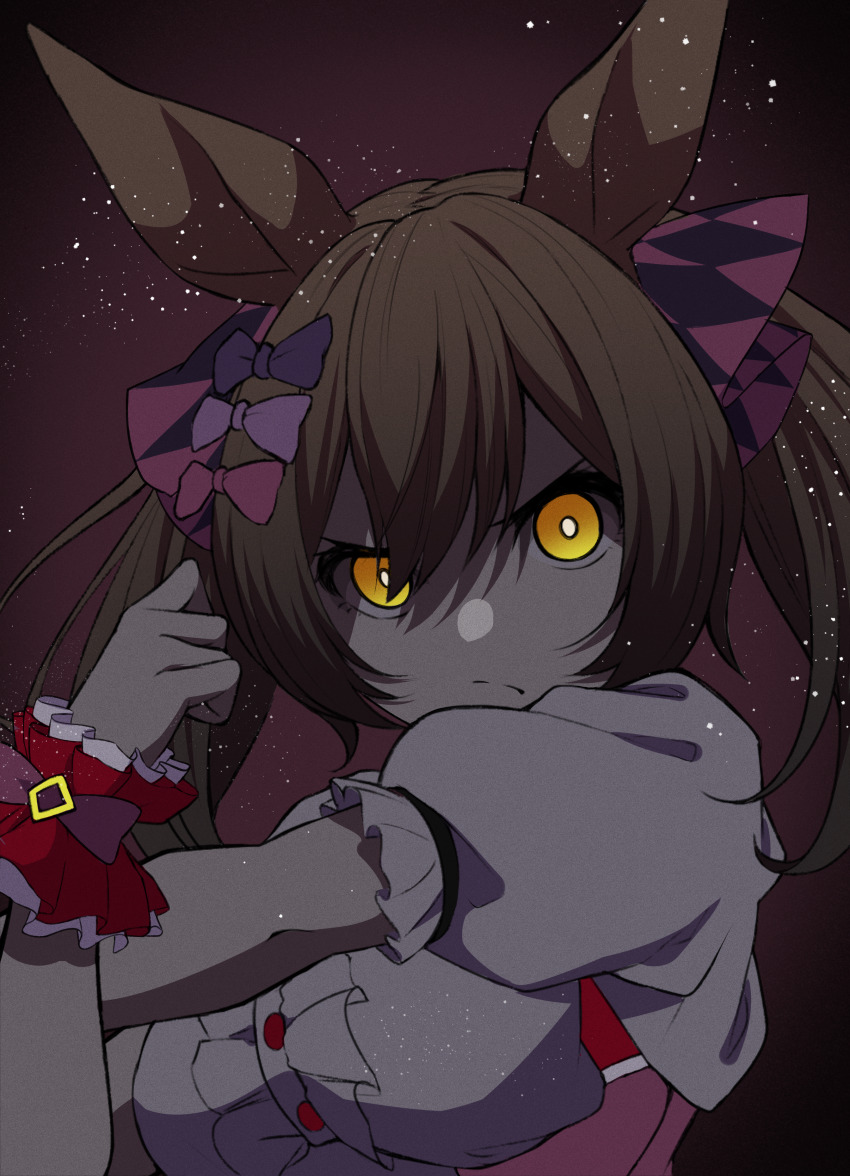 1girl absurdres animal_ears bow breasts brown_hair closed_mouth commentary dress ear_ribbon frilled_sleeves frills frown glowing glowing_eyes haibarasaika hair_between_eyes hair_ornament hair_ribbon highres horse_ears horse_girl looking_at_viewer medium_breasts medium_hair pinafore_dress pink_dress pink_ribbon portrait puffy_short_sleeves puffy_sleeves red_scrunchie ribbon scrunchie shirt short_sleeves simple_background sleeveless sleeveless_dress smart_falcon_(umamusume) solo stretching textless_version twintails umamusume white_shirt wrist_scrunchie yellow_eyes