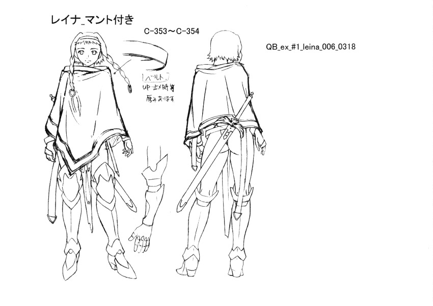 1girl absurdres armor ass braid breastplate breasts buckle reference_sheet cleavage female_focus full_body hairband highres hisayuki_hirokazu leina_(queen&#039;s_blade) monochrome multiple_views official_art queen&#039;s_blade revealing_clothes robe scan shield shiny_skin smile standing sword thong twin_braids weapon wide_hips
