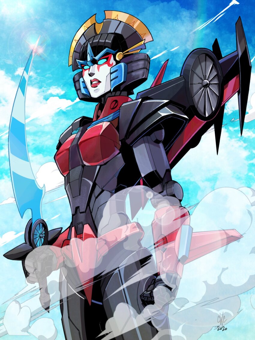 1girl airplane_wing blue_eyes breasts casey_w._coller curvy energy_sword highres holding holding_sword holding_weapon mecha mecha_musume mechanical_wings medium_breasts metal_skin panties red_lips red_panties robot science_fiction steam sword the_transformers_(idw) thighs transformers underwear weapon windblade wings