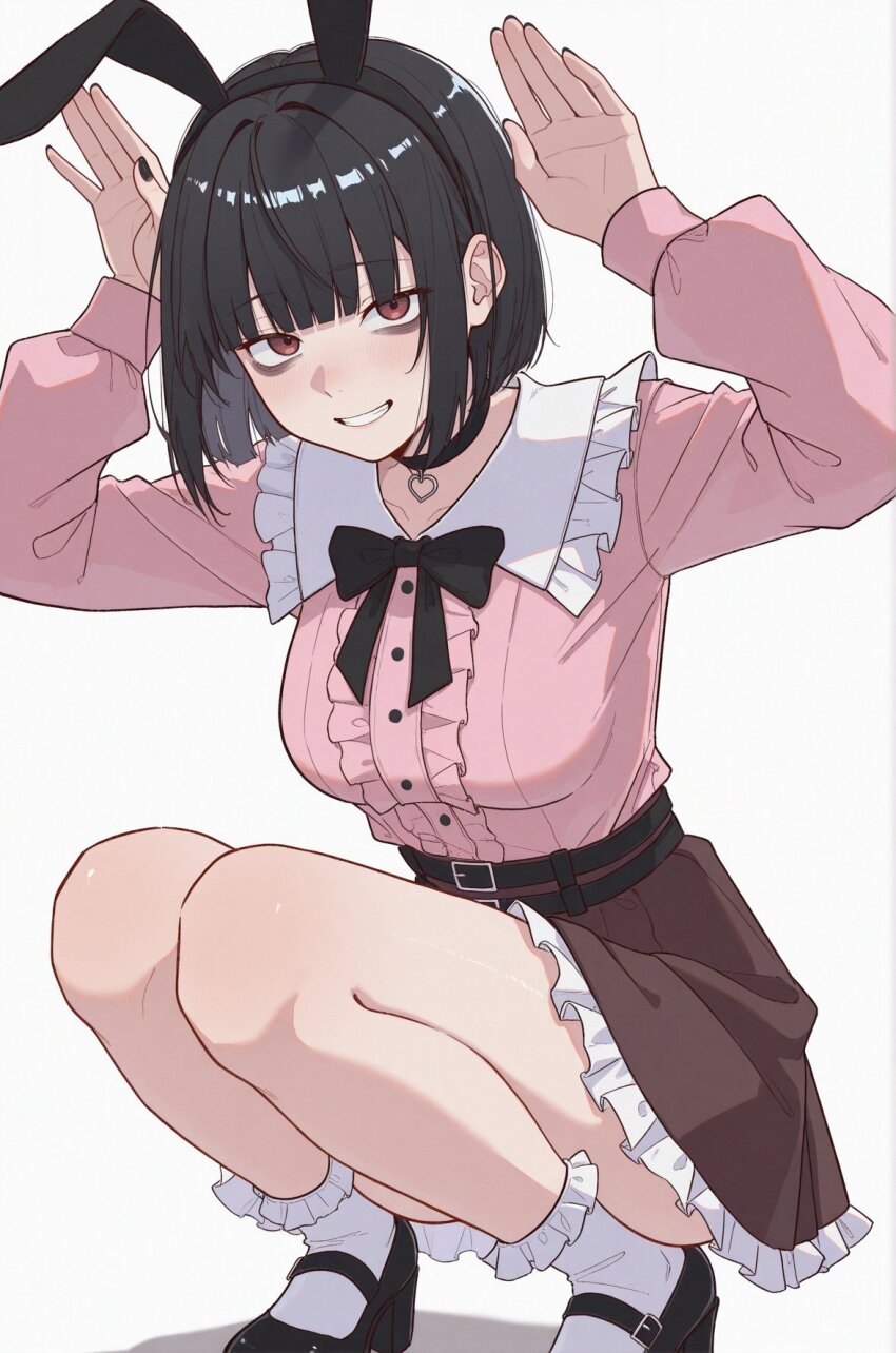 1girl animal_ear_hairband animal_ears arms_up bags_under_eyes belt black_belt black_bow black_bowtie black_choker black_hair black_shoes blunt_bangs bow bowtie breasts brown_skirt center_frills choker collar commentary contrast_collar english_commentary fake_animal_ears frilled_collar frilled_shirt frilled_skirt frilled_socks frills full_body grin hair_intakes hairband heart heart_choker high-waist_skirt high_heels highres jirai_kei knees legs long_sleeves looking_at_viewer medium_breasts medium_hair multiple_belts open_hands original pink_shirt rabbit_ear_hairband rabbit_ears rabbit_pose raliele_(raliele_(terenazal)) raliele_(terenazal) red_eyes shirt shoes simple_background skirt sleeve_cuffs smile socks solo squatting teeth thighs white_background white_socks