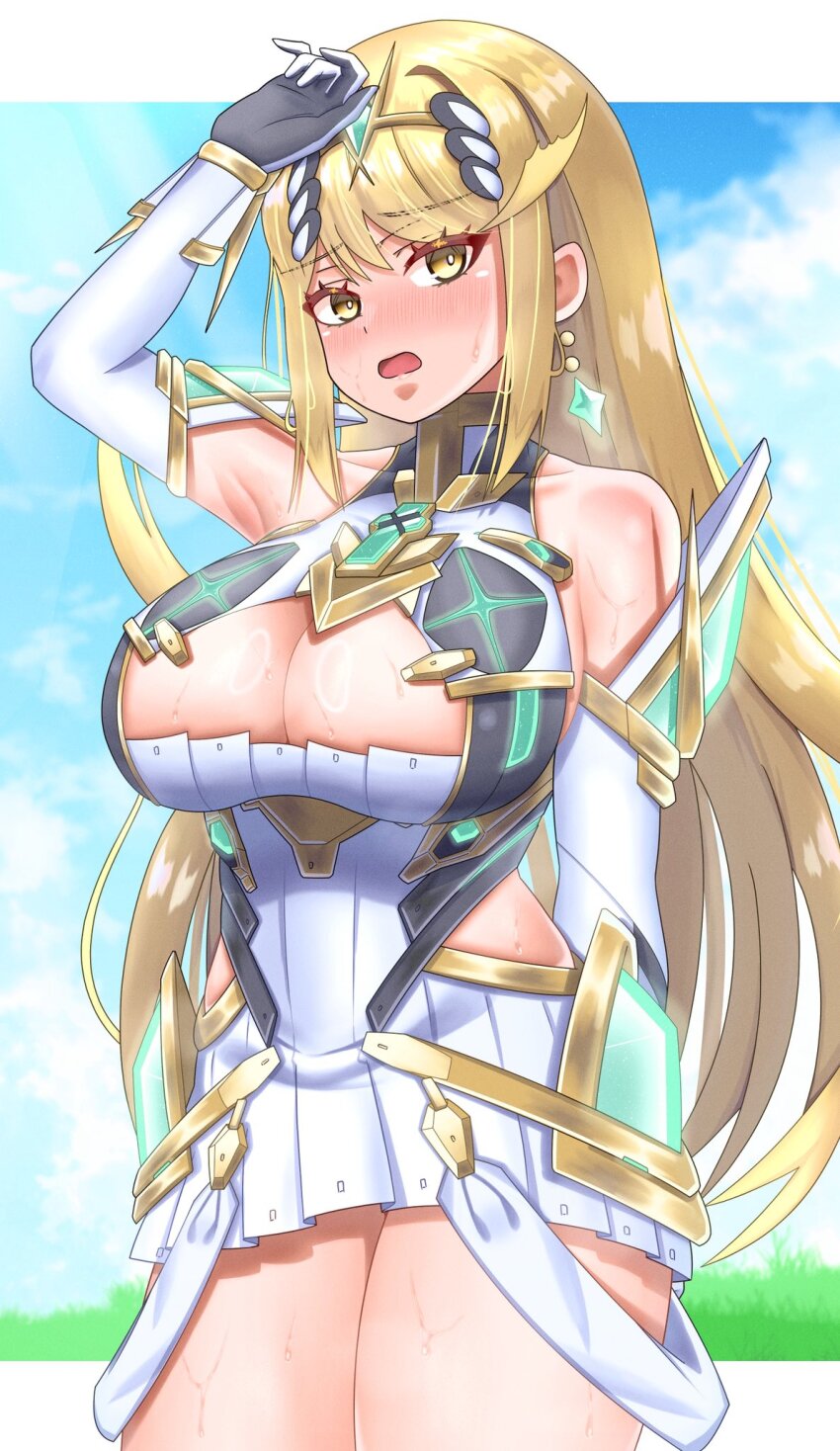 1girl bare_shoulders blonde_hair blush breasts chest_jewel cleavage cleavage_cutout clothing_cutout core_crystal_(xenoblade) cowboy_shot dress earrings highres jewelry large_breasts meipasuye mythra_(xenoblade) solo summer sweat tiara white_dress xenoblade_chronicles_(series) xenoblade_chronicles_2 yellow_eyes