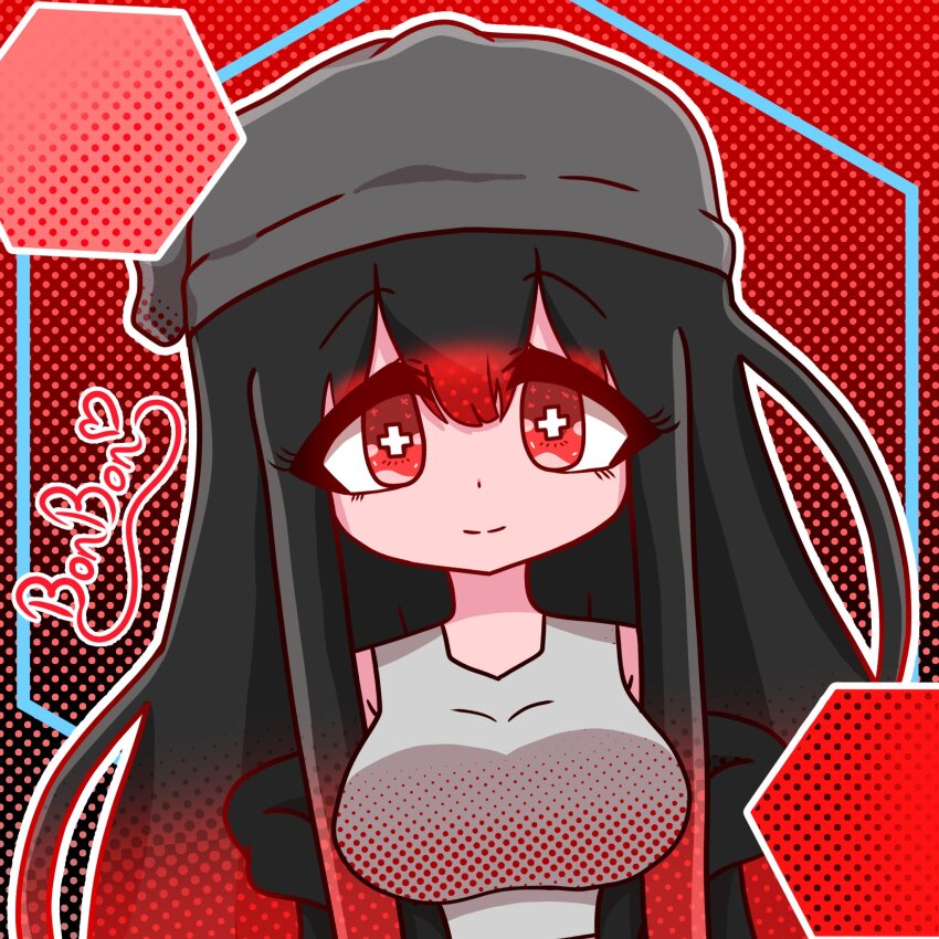 1girl bare_shoulders beanie black_hair black_jacket bonbon_(bonzomcbonbon) breasts bright_pupils closed_mouth colored_eyelashes cross-shaped_pupils facing_viewer gradient_background grey_hat grey_shirt halftone halftone_background hat jacket large_breasts long_hair looking_at_viewer open_clothes open_jacket original red_background red_eyes shirt sidelocks signature smile solo soy_(bonzomcbonbon) symbol-shaped_pupils upper_body white_pupils