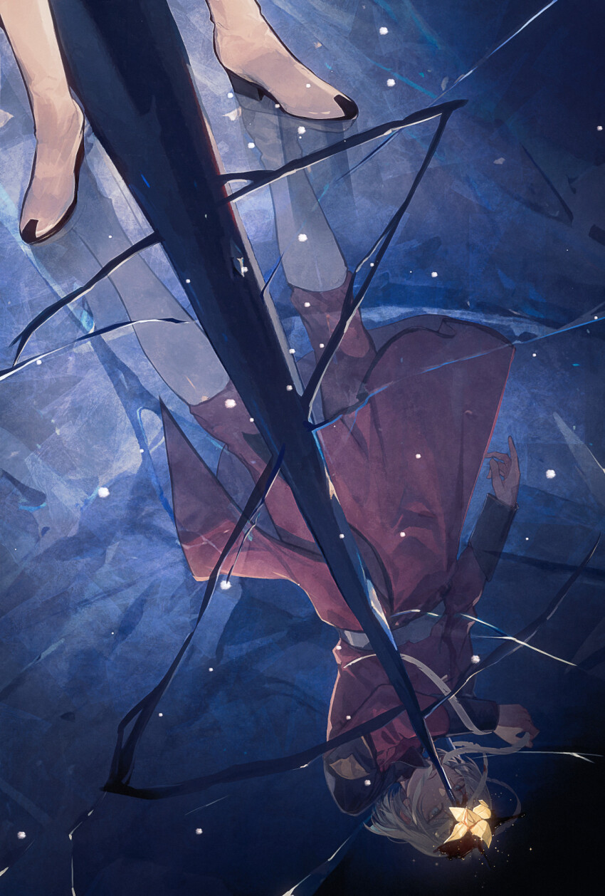 1boy bai_rui blue_eyes boots gundam gundam_seed gundam_seed_destiny gundam_seed_freedom highres long_sleeves male_focus military military_uniform red_uniform reflection reflective_floor reflective_surface short_hair solo white_boots white_hair yzak_joule zaft_uniform