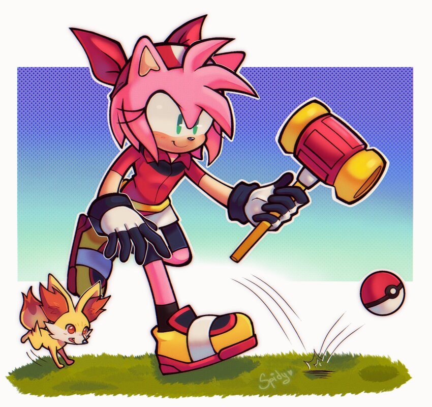 1girl amy_rose animal_ears animal_nose bandana bike_shorts black_socks blue_background border collared_shirt cosplay fennekin fox full_body furry furry_female gen_6_pokemon gloves green_eyes hedgehog_girl highres may_(pokemon) may_(pokemon)_(cosplay) pink_fur pink_hair poke_ball red_bandana red_eyes red_fur red_shirt shirt shoes shorts simple_background smile socks sonic_(series) spidercheetos standing toy_hammer white_border white_gloves white_shorts yellow_fur yellow_shoes