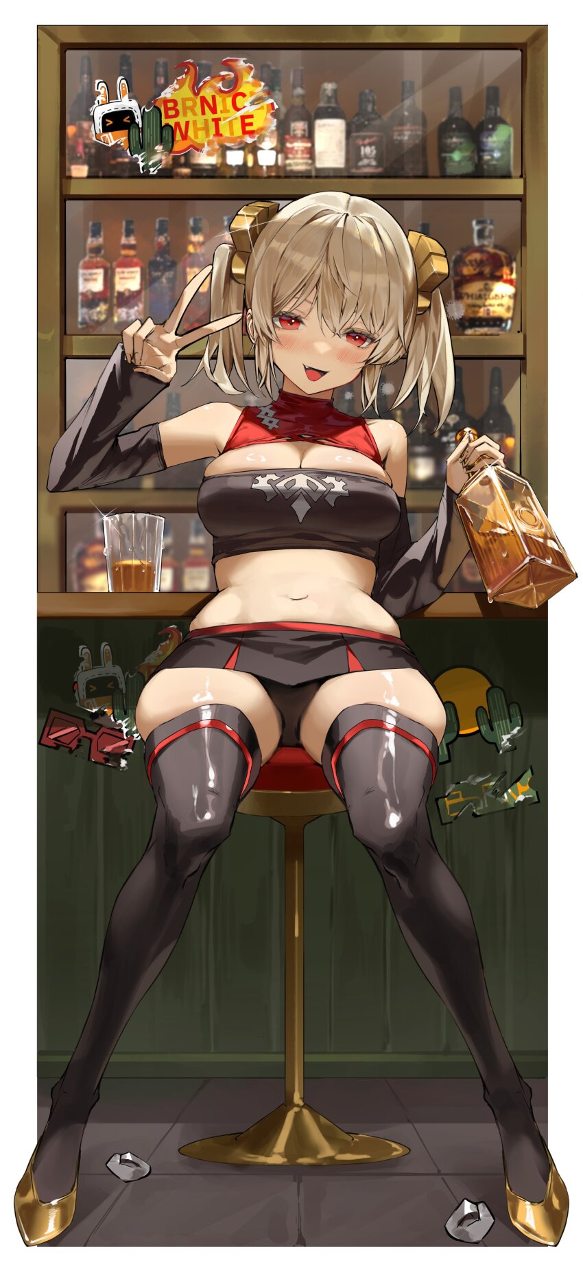 1girl absurdres bar_(place) black_skirt black_thighhighs blonde_hair blush bottle breasts burnice_white cleavage crop_top full_body half-closed_eyes highres holding holding_bottle indoors jangu707 large_breasts light_particles long_hair looking_at_viewer navel open_mouth red_eyes sitting skirt smile solo teeth thighhighs v zenless_zone_zero