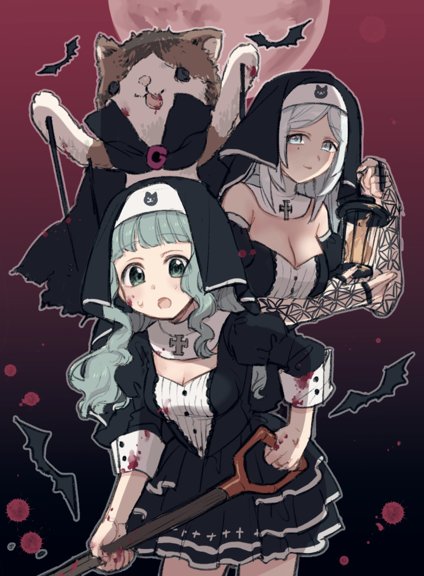 2girls :o aqua_eyes aqua_hair bat_(animal) black_dress blood blood_on_clothes blood_on_face blue_eyes blue_hair blunt_bangs breasts buttons cleavage closed_mouth commentary_request cross dress fingerless_gloves flower_of_life_(pattern) frilled_dress frills futaba_sana gloves hair_down highres holding holding_lantern holding_shovel juliet_sleeves lantern long_hair long_sleeves looking_at_viewer magia_record:_mahou_shoujo_madoka_magica_gaiden mahou_shoujo_madoka_magica mole mole_on_cheek mole_under_eye moon multiple_girls nun open_mouth outline parted_bangs puffy_sleeves puppet red_sky revision scarf short_dress shovel sidelocks sky sleeves_past_wrists sleeves_rolled_up smile strapless strapless_dress stuffed_animal stuffed_cat stuffed_toy sweat toki_sunao wavy_hair white_scarf yukishiro_(hitsuji)