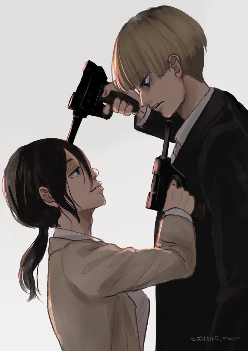 2girls aiming blonde_hair disdain eye_contact gun hair_between_eyes height_difference highres holding holding_gun holding_weapon jacket long_hair looking_at_another moriori1113 multiple_girls pieck_finger ponytail profile shingeki_no_kyojin shirt short_hair upper_body weapon yelena_(shingeki_no_kyojin)