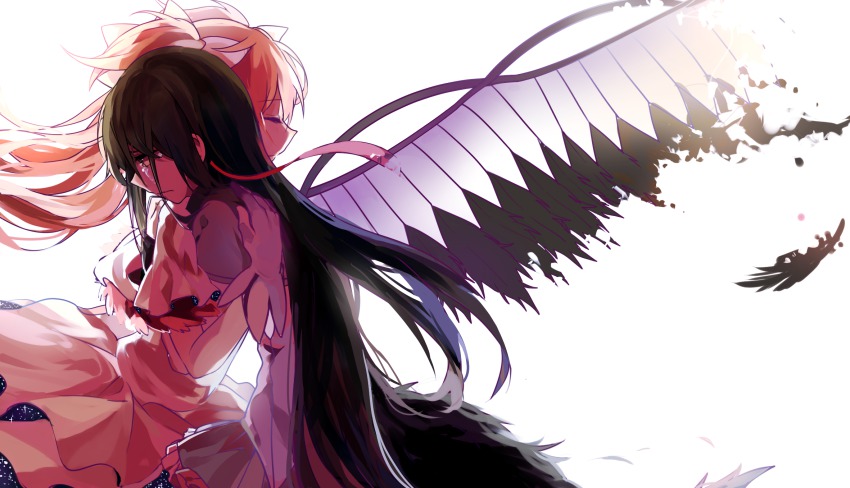 10s 2girls akemi_homura akuma_homura black_hair closed_eyes crying crying_with_eyes_open gloves hair_ornament hair_ribbon highres hug kaname_madoka long_hair mahou_shoujo_madoka_magica mahou_shoujo_madoka_magica:_hangyaku_no_monogatari multiple_girls pink_hair ribbon tears two_side_up ultimate_madoka very_long_hair wings zgxuke