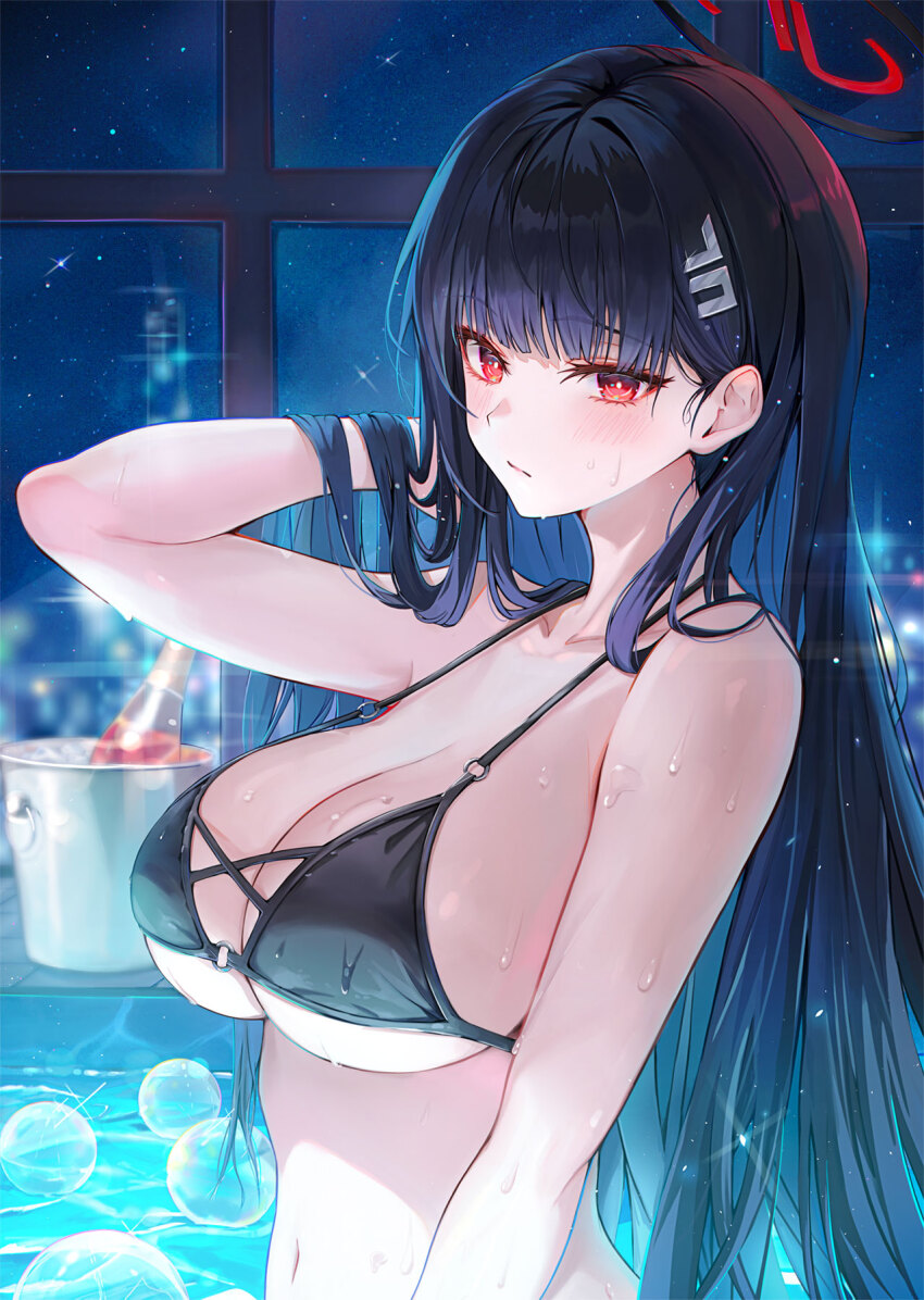 1girl :/ adjusting_hair alcohol alternate_costume arm_up bare_arms bare_shoulders bikini black_bikini black_hair blue_archive blush breasts bright_pupils bubble bucket champagne_bottle cleavage closed_mouth collarbone commentary from_side funii hair_behind_ear hair_between_eyes hair_flowing_over hair_lift hair_ornament hairclip halo halterneck hand_in_own_hair hands_in_own_hair highres ice_bucket indoors large_breasts long_hair looking_at_viewer navel night night_sky o-ring o-ring_bikini o-ring_top partially_submerged pool red_eyes revision rio_(blue_archive) sideboob sky solo sparkle star_(sky) string_bikini swimsuit underboob underwater upper_body very_long_hair water wet window