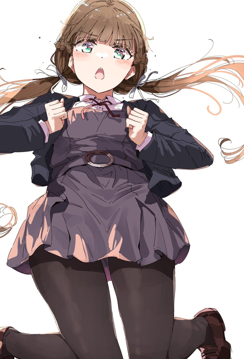 1girl black_jacket black_pantyhose blunt_bangs braid brown_hair brown_shoes clenched_hands collared_shirt dress dress_shirt floating_hair green_eyes grey_dress half_up_braid highres jacket loafers long_hair long_sleeves looking_at_viewer love_live! love_live!_superstar!! low_twintails neck_ribbon nyoijizai open_clothes open_jacket open_mouth pantyhose red_ribbon ribbon sakurakoji_kinako school_uniform shirt shoes short_dress simple_background solo teeth twintails upper_teeth_only white_background white_shirt winter_uniform yuigaoka_school_uniform
