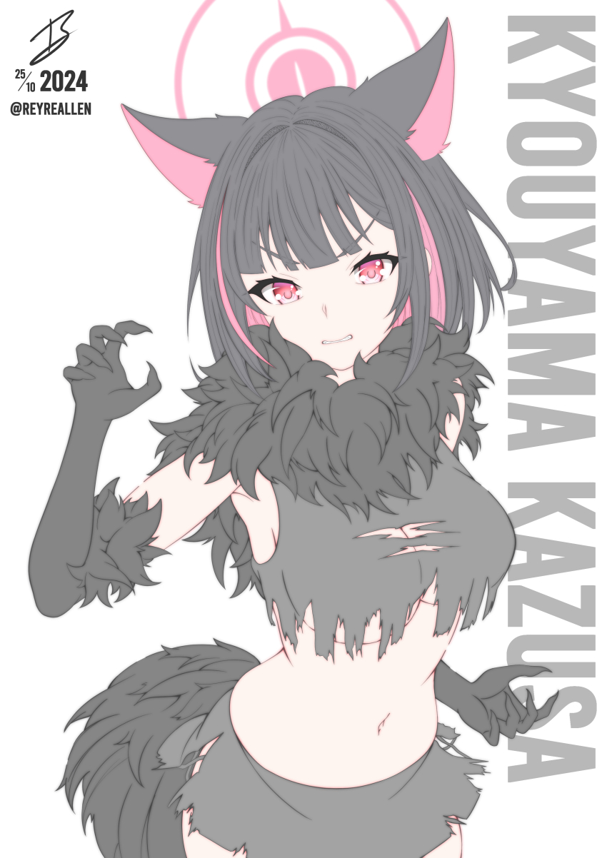 1girl absurdres angry animal_ears black_gloves black_hair black_skirt blue_archive breasts bright_pupils cat_ears cat_girl character_name claw_pose cleavage clenched_teeth colored_inner_hair commentary cowboy_shot elbow_gloves english_commentary extra_ears eyelashes fake_claws fur-trimmed_gloves fur_collar fur_trim gloves hair_intakes halloween_costume halo highres kazusa_(blue_archive) kazusa_(halloween)_(blue_archive) large_breasts looking_at_viewer medium_hair miniskirt multicolored_hair navel official_alternate_costume pink_hair pink_halo realen red_eyes signature simple_background skirt solo stomach straight_hair teeth twitter_username two-tone_hair underboob v-shaped_eyebrows white_background