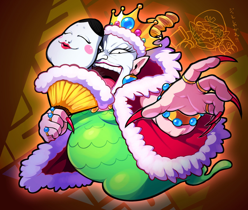 1boy 1girl bracelet cape crown earrings fur-trimmed_cape fur_trim gold_bracelet golden_diva hand_fan hoshi_(star-name2000) jewelry looking_at_viewer mask nintendo open_mouth pointy_ears red_cape red_nails ring wario wario_land wario_land_4