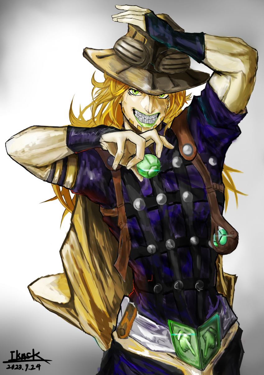 1boy 2023 :d absurdres arm_up ball black_arm_warmers blonde_hair blue_shirt brown_hat character_name commentary_request cowboy cowboy_hat cowboy_shot dated eyelashes goggles goggles_on_headwear green_eyes green_lips grills grin gyro_zeppeli hand_up hat highres holding holding_ball iknsk jojo_no_kimyou_na_bouken long_hair looking_at_viewer male_focus motion_lines muscular muscular_male nose open_mouth shirt short_sleeves signature simple_background smile solo steel_ball_run vignetting western white_background