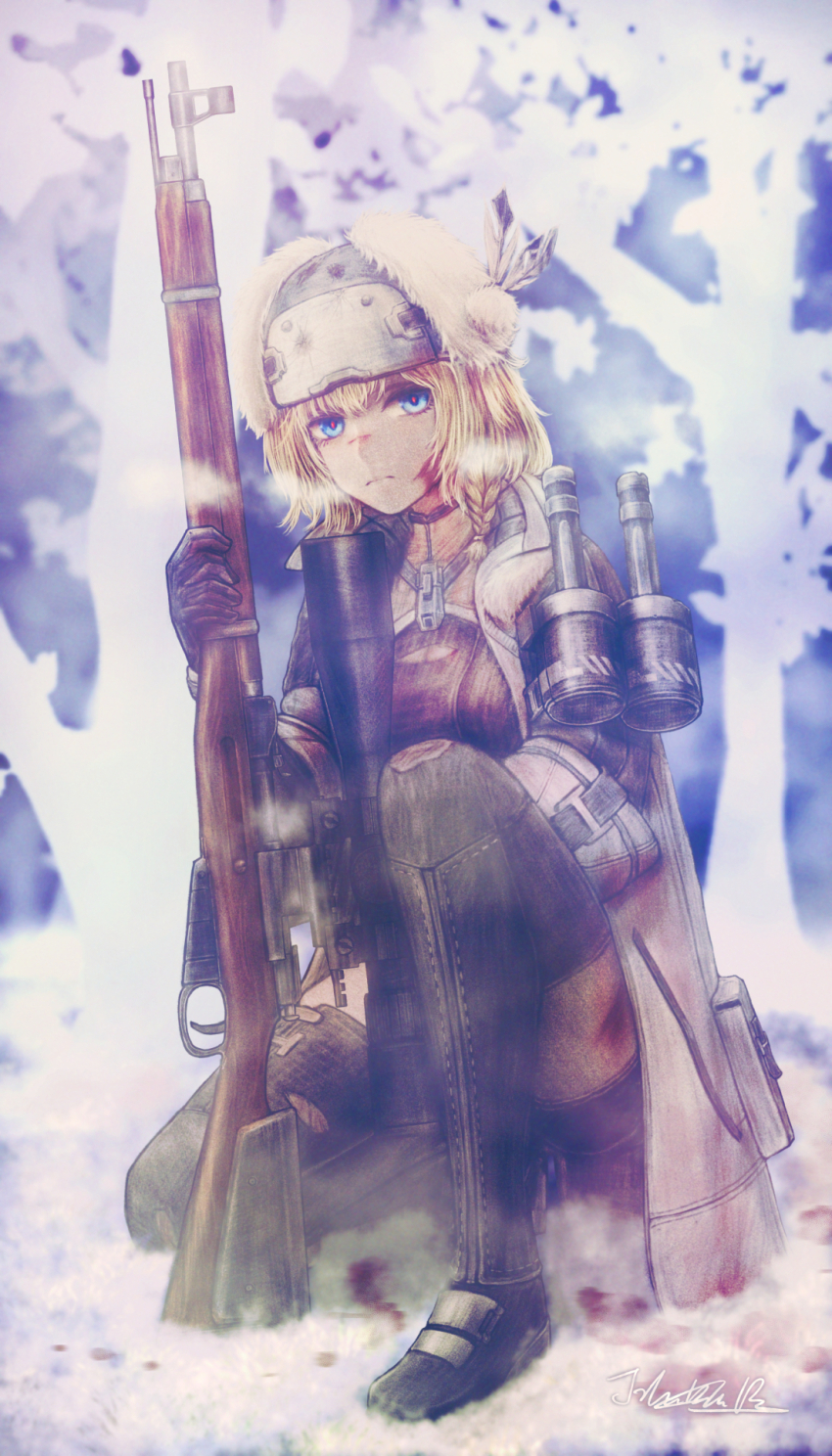 1girl black_gloves blonde_hair blood blood_splatter blue_eyes bolt_action breasts closed_mouth coat commentary english_commentary fur-trimmed_coat fur_trim girls&#039;_frontline girls&#039;_frontline_2:_exilium gloves gun hat highres holding jhands_onpc mosin-nagant mosin-nagant_(girls&#039;_frontline) mosin-nagant_(girls&#039;_frontline_2) red_pupils rifle snow solo ushanka weapon white_coat