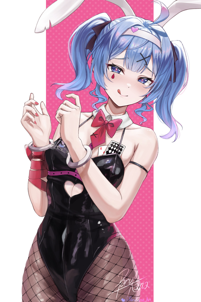 1girl absurdres animal_ears arm_ribbon bare_shoulders black_leotard black_ribbon blue_eyes blue_hair breasts brown_pantyhose card chest_harness clothing_cutout collarbone commentary cowboy_shot cuffs detached_collar english_commentary fake_animal_ears fishnet_pantyhose fishnets hair_ornament hair_ribbon handcuffs hands_up harness hatsune_miku heart_cutout highleg highleg_leotard highres leaning_to_the_side leotard light_blush looking_at_viewer medium_breasts medium_hair naughty_face necktie o-ring_arm_strap pantyhose pink_nails pink_necktie pink_ribbon playboy_bunny playing_card porukana rabbit_ears rabbit_hole_(vocaloid) ribbon signature solo standing teardrop_facial_mark tongue tongue_out twintails two-tone_background vocaloid white_hair x_hair_ornament