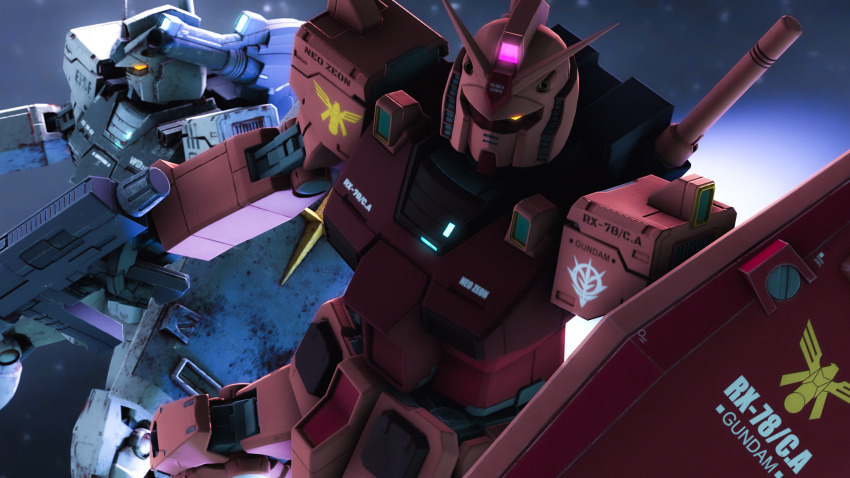 3d absurdres annhan beam_rifle blender_(medium) char_aznable character_request color_variation commentary emblem energy_gun gundam highres insignia machinery mecha mecha_focus military mixed-language_commentary mobile_suit mobile_suit_gundam mobile_suit_gundam_the_origin robot roundel rx-78-2_gundam science_fiction shield space star_(symbol) star_symbol_background thrusters upper_body v-fin weapon zeon