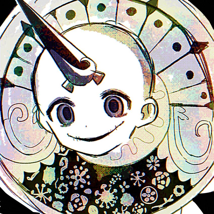 1girl bald black_background commentary_request flower highres horns looking_at_viewer madoro_nil magia_record:_mahou_shoujo_madoka_magica_gaiden magical_girl mahou_shoujo_madoka_magica portrait purple_eyes single_horn smile solo stitched_mouth stitches yu_(madoka_magica)