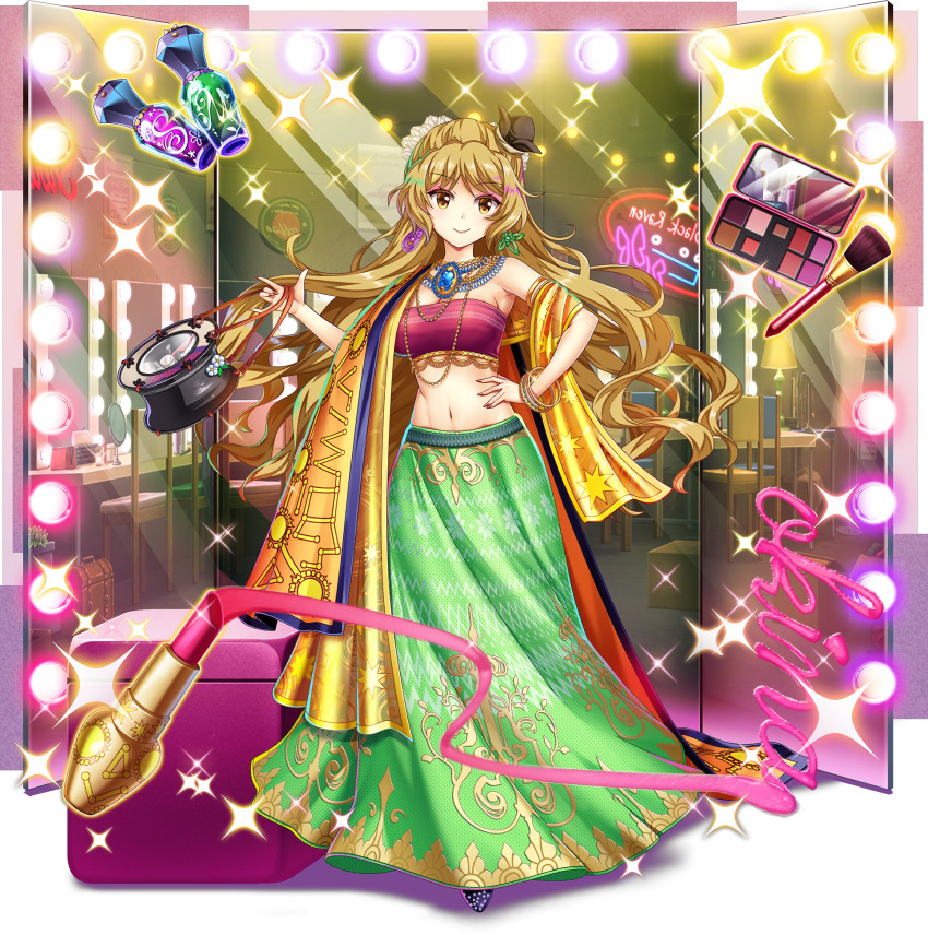 1girl adapted_costume alternate_costume blonde_hair breasts brown_hat cleavage closed_mouth constellation_print drum earrings full_body game_cg green_skirt hand_on_own_hip hat highres indian_clothes instrument jewelry lipstick long_hair looking_at_viewer makeup makeup_brush makeup_palette matara_okina matara_okina_(god_of_the_dressing_room) midriff mini_hat mismatched_earrings navel necklace neon_lights official_art print_skirt red_tube_top rotte_(1109) sari skirt smile solo sparkle standing star_(symbol) strapless sun_print third-party_source touhou touhou_lostword transparent_background tsuzumi tube_top very_long_hair yellow_eyes