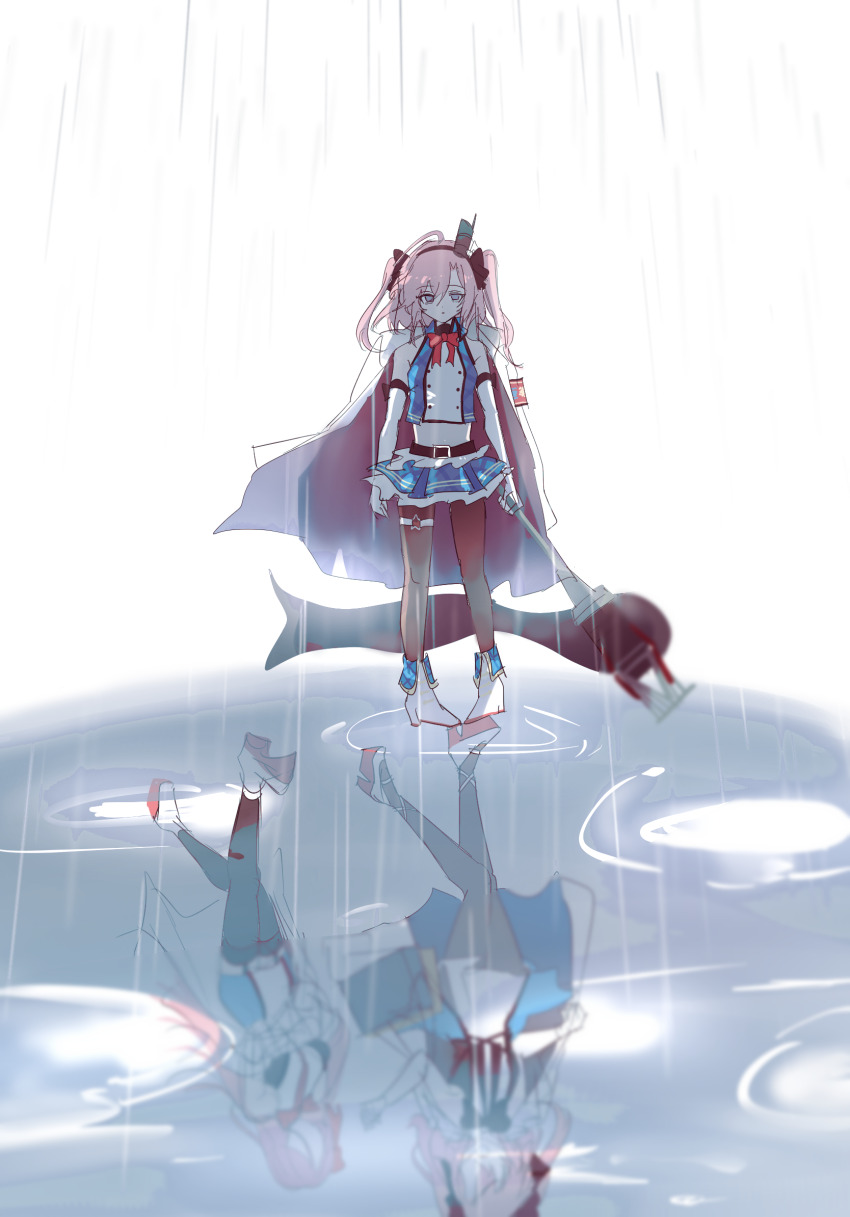 azur_lane black_pantyhose black_ribbon blank_eyes blue_eyes bow bowtie coat coat_on_shoulders dress hair_ribbon high_heels highres idol_clothes lexington_(azur_lane) pantyhose pink_hair puddle rain red_bow red_bowtie reflection reflective_water ribbon saratoga_(azur_lane) sketch sleeveless sleeveless_dress tsuchi_(xger4434) two_side_up water white_coat white_footwear