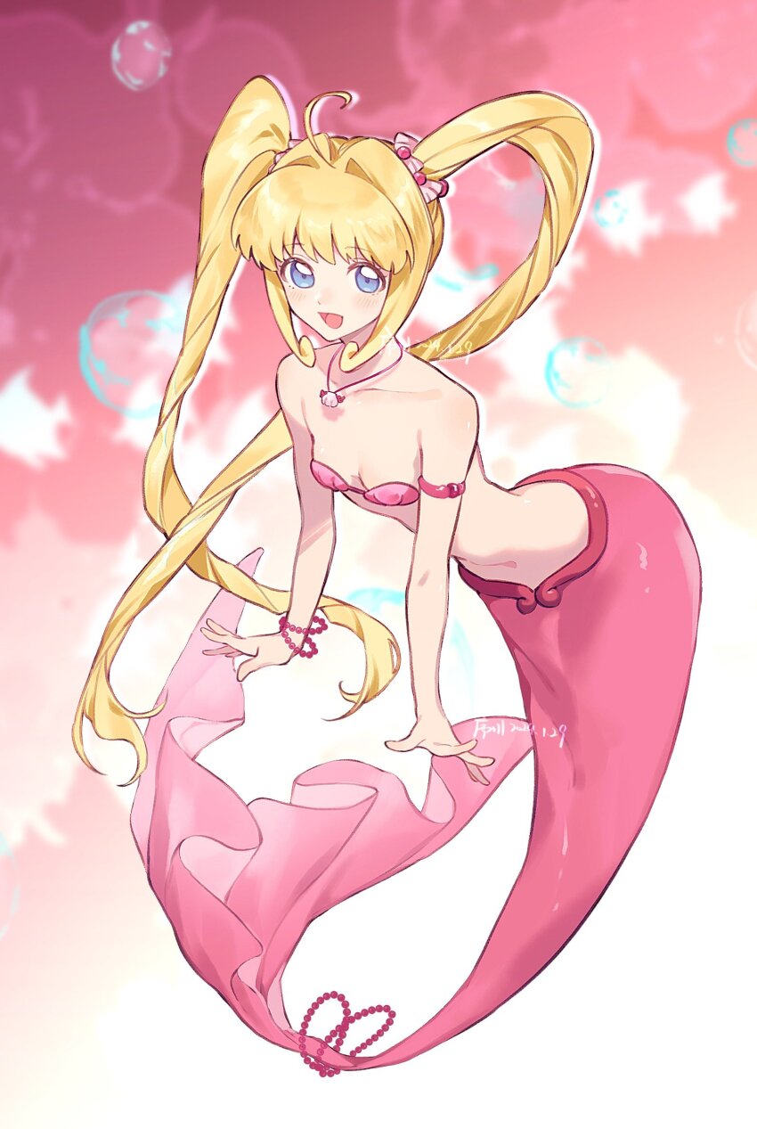 1girl ahoge artist_name bead_bracelet beads bikini blonde_hair blue_eyes blush bracelet breasts commentary dated full_body hair_ornament highres jewelry long_hair looking_at_viewer mermaid mermaid_melody_pichi_pichi_pitch monster_girl nanami_lucia nanami_lucia_(mermaid) necklace open_mouth pink_bikini shell shell_bikini shell_necklace small_breasts solo swimsuit twintails very_long_hair xuchuan