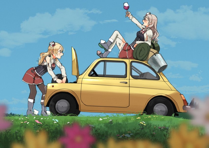 2girls alcohol annin_musou ascot backpack bad_id bad_twitter_id bag black_legwear blonde_hair blue_flower blush brown_hair bucket car closed_eyes commentary_request corset cup day drinking_glass drunk fiat fiat_500 flat_tire flower grass hat holding holding_cup kantai_collection long_hair long_sleeves mini_hat motor_vehicle multiple_girls open_mouth pantyhose pink_flower pleated_skirt pola_(kancolle) red_ascot red_skirt shirt skirt thighhighs vehicle_focus wavy_hair white_flower white_headwear white_legwear white_shirt wine wine_glass yellow_flower zara_(kancolle)