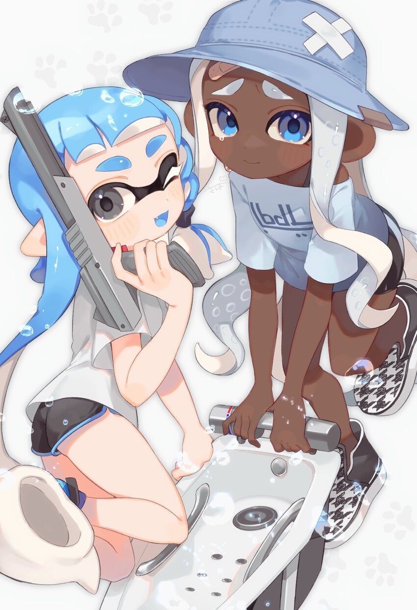 2girls asymmetrical_hair bandaid bandaid_on_face bike_shorts black_footwear bloblobber_(splatoon) blue_eyes blue_footwear blue_hair blue_hat blue_shirt blue_tongue blunt_bangs blush blush_stickers braid closed_mouth colored_tongue crying crying_with_eyes_open dark-skinned_female dark_skin dolphin_shorts fang furrowed_brow grey_eyes hair_tie hat highres holding holding_weapon inkling inkling_girl inkling_player_character leg_up long_hair looking_at_viewer multiple_girls n-zap_(splatoon) nintendo octoling octoling_girl octoling_player_character off_shoulder one_eye_closed open_mouth paw_print paw_print_background pointy_ears print_shirt sabata_saba shirt short_sleeves shorts signature single_braid soap_bubbles splatoon_(series) splatoon_3 suction_cups sun_hat tears tentacle_hair thick_eyebrows two-tone_footwear weapon white_footwear white_shirt