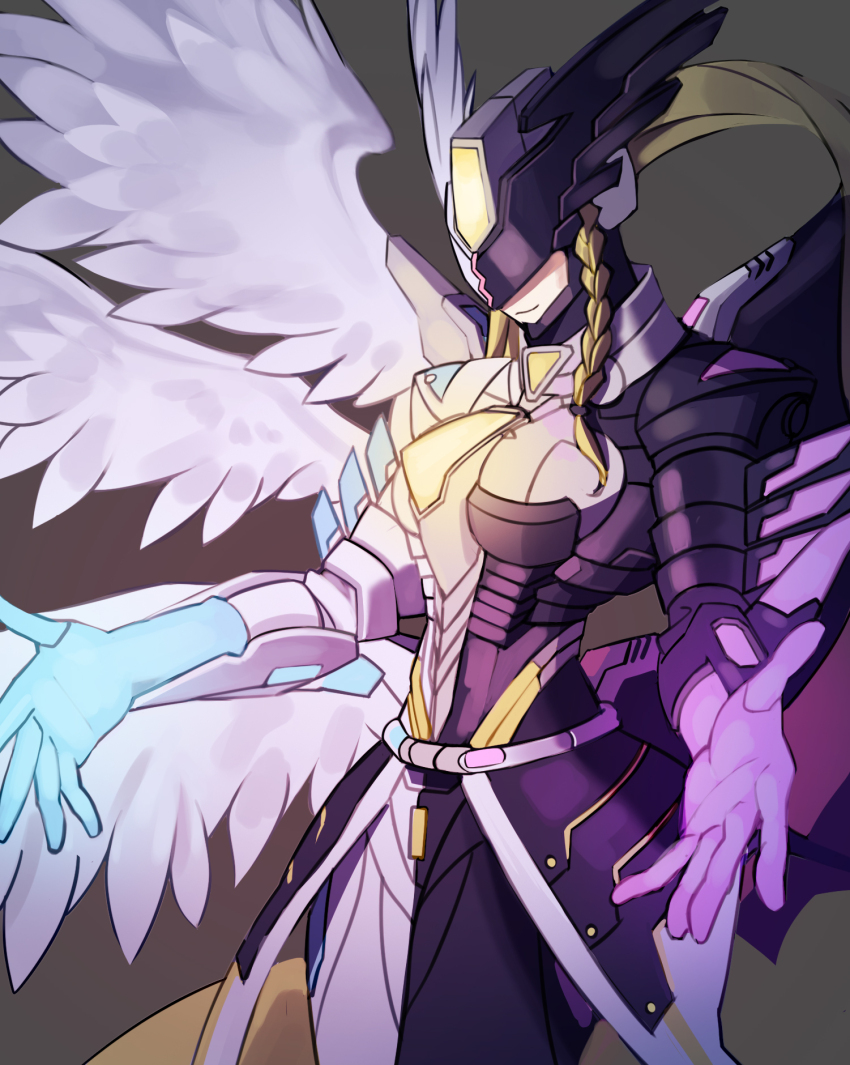 10_09hwan 1girl angel_wings armor asymmetrical_armor black_armor black_helmet black_wings breasts commission cowboy_shot demon_wings digimon digimon_(creature) feathered_wings forehead_jewel glowing grey_background helmet highres mastemon medium_breasts simple_background solo two-tone_helmet white_armor white_helmet white_wings wings