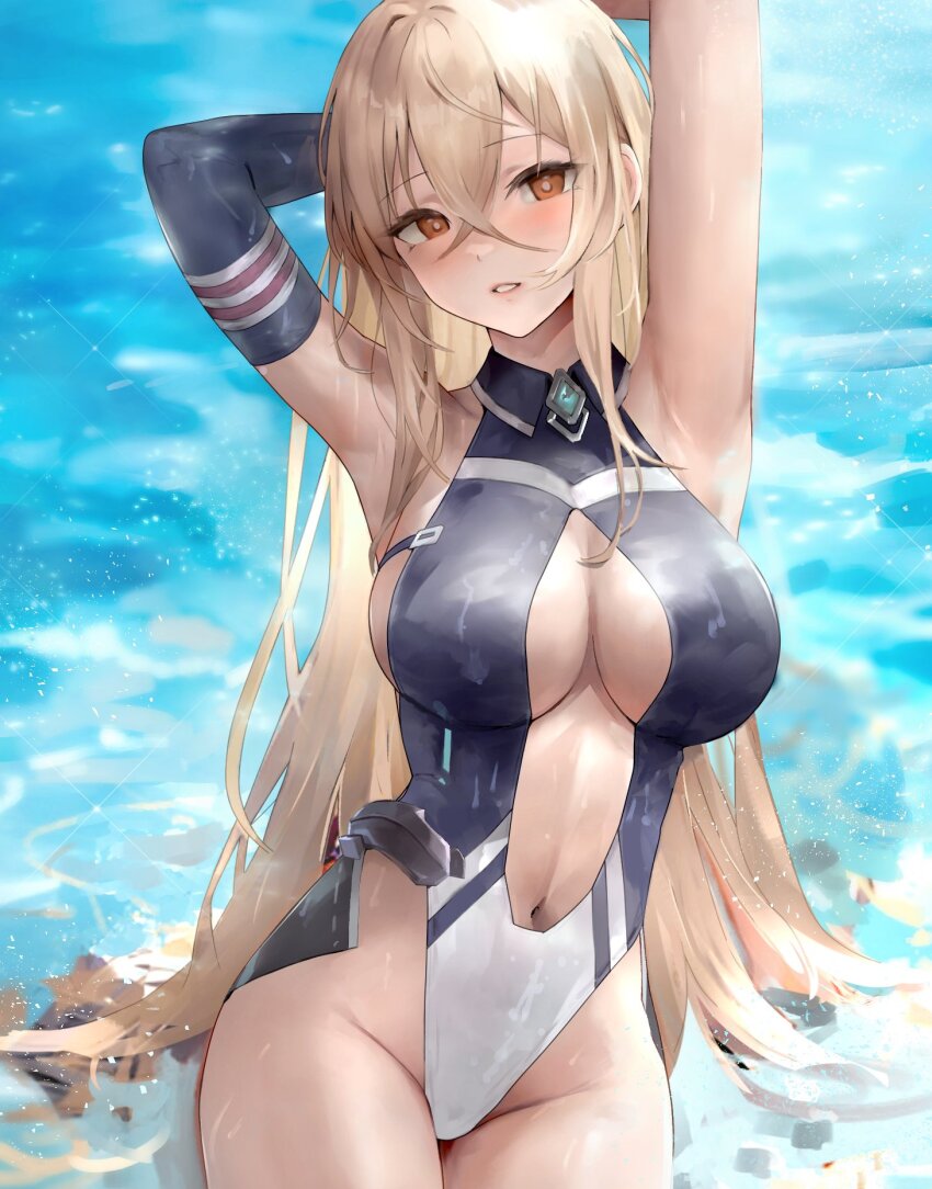 1girl alternate_costume armpits arms_up azur_lane bii_bii_(bronzeii002) blonde_hair blush breasts brown_eyes center_opening cleavage collared_one-piece_swimsuit commentary_request commission crossed_bangs dace_(azur_lane) elbow_gloves gloves hair_between_eyes highres implacable_(azur_lane) large_breasts long_bangs long_hair looking_at_viewer navel parted_lips sideboob single_elbow_glove sitting skeb_commission solo two-tone_swimsuit very_long_hair water