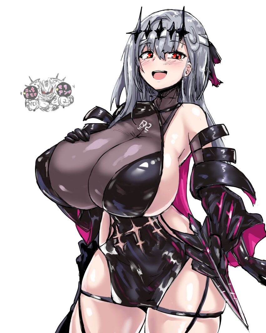1girl 1other :d black_dress black_gloves black_ribbon blush breasts chatterbox_(nikke) cleavage clothing_cutout detached_sleeves diadem dress geist43195783 gloves goddess_of_victory:_nikke grey_hair hair_ribbon hand_on_own_chest highres huge_breasts long_hair marian_(nikke) modernia_(nikke) modernia_(second_affection)_(nikke) open_mouth rapture_(nikke) red_eyes ribbon see-through_clothes see-through_cleavage smile