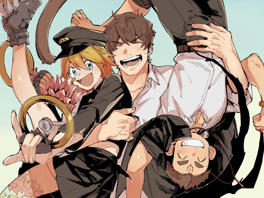 1other 2boys ^_^ bandaid bandaid_on_cheek bandaid_on_face bead_bracelet beads black_jacket black_pants black_skirt blonde_hair blue_eyes blush bracelet brown_hair carrying carrying_person closed_eyes collarbone facial_mark fingerless_gloves flower_tattoo forehead_mark gakuran gakuseibou gloves grin hanuman_(housamo) hat highres jacket jewelry leg_tattoo leg_up looking_at_viewer medium_hair midriff_peek monkey_tail multiple_boys necklace nezha_(housamo) open_mouth pants pleated_skirt protagonist_4_(housamo) roller_skates school_uniform shirt skates skirt smile sweatdrop tail tattoo tokyo_houkago_summoners upside-down veins veiny_hands wanijima wheel white_shirt
