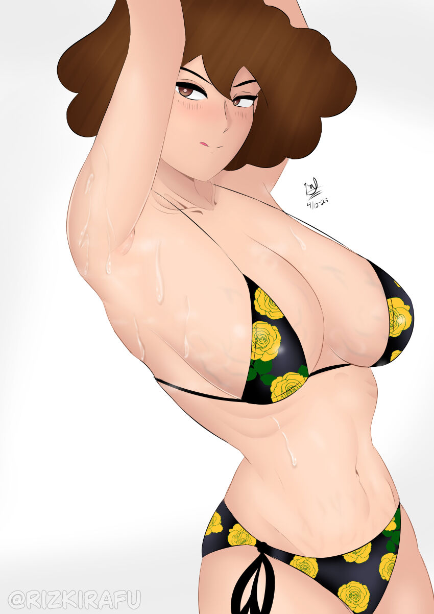 1girl absurdres armpits arms_up artist_name bikini black_bikini breasts brown_hair cleavage crayon_shin-chan dated half-closed_eyes highres large_breasts legs licking_lips looking_at_viewer mature_female medium_hair naughty_face navel nohara_misae seductive_gaze seductive_smile sideboob smile solo sweat swimsuit thighs toned tongue tongue_out